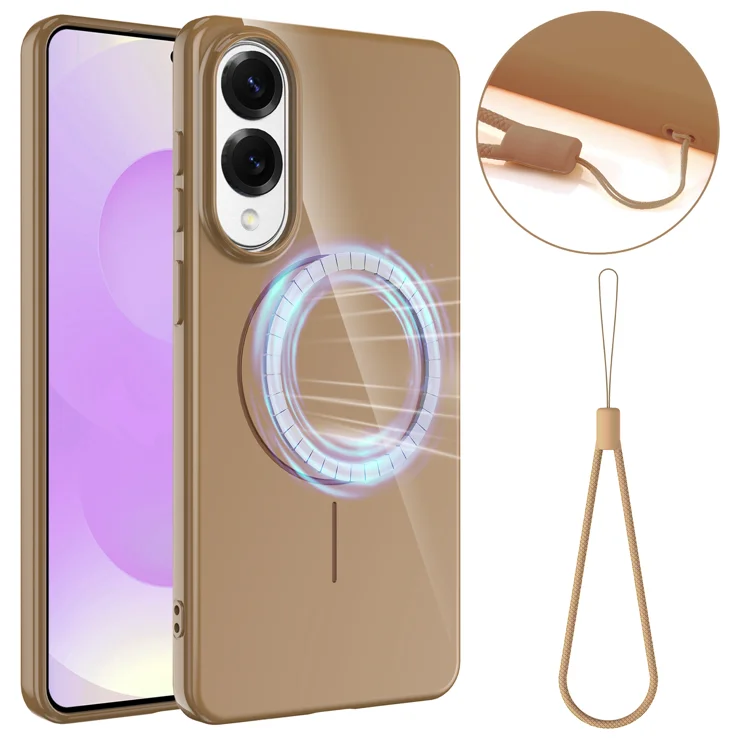 For Samsung Galaxy S25 Edge Magnetic Case Compatible with MagSafe TPU Phone Back Cover with Lanyard - Desert Gold