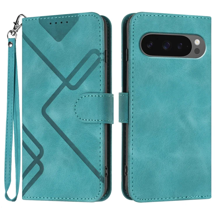 For Google Pixel 9 Pro XL / Google Pixel 10 Pro XL Wallet Case Line Imprinted PU Leather Phone Cover with Strap - Light Blue