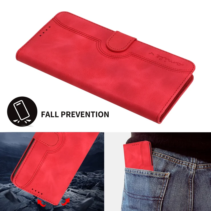 For Motorola Moto G14 4G / Motorola Moto G54 (China) 5G / Motorola Moto G64 5G / Motorola Moto G64y 5G / Motorola Moto G54 5G Leather Case Wallet Stand Smile Imprinted Phone Cover with Strap - Red