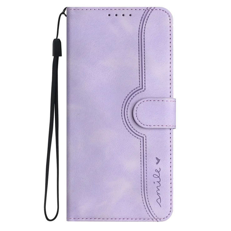 For Motorola Moto G Play 5G (2024) / Motorola Moto G 5G (2024) Leather Case Wallet Stand Smile Imprinted Phone Cover with Strap - Purple