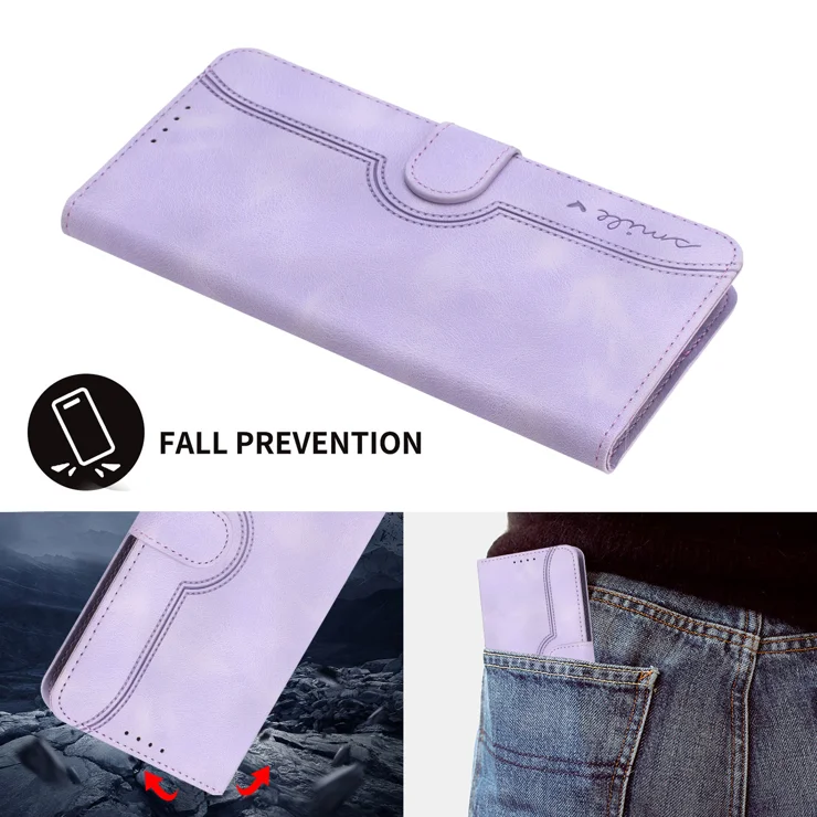 For Motorola Moto G Play 5G (2024) / Motorola Moto G 5G (2024) Leather Case Wallet Stand Smile Imprinted Phone Cover with Strap - Purple