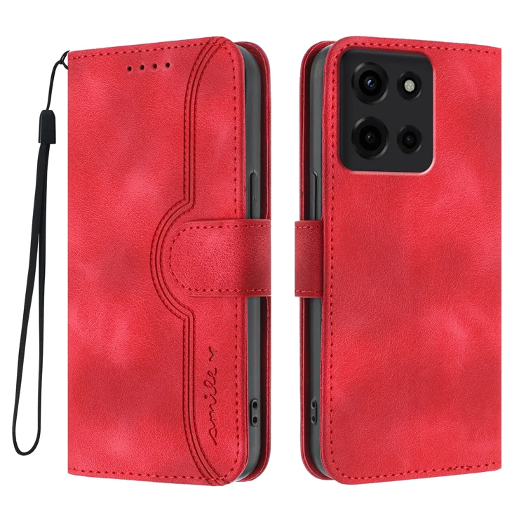 For Motorola Moto G 5G (2025) Leather Case Wallet Stand Smile Imprinted Phone Cover with Strap - Red