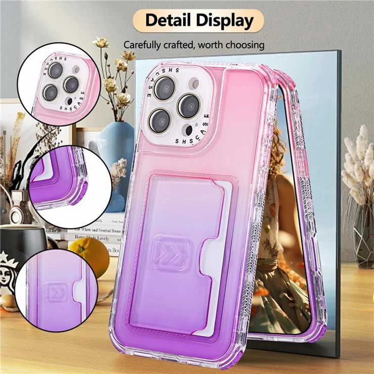 For iPhone 16 Pro Case Card Holder Gradient Color PC + TPU Anti Drop Phone Back Cover with Lens Film - Pink / Purple