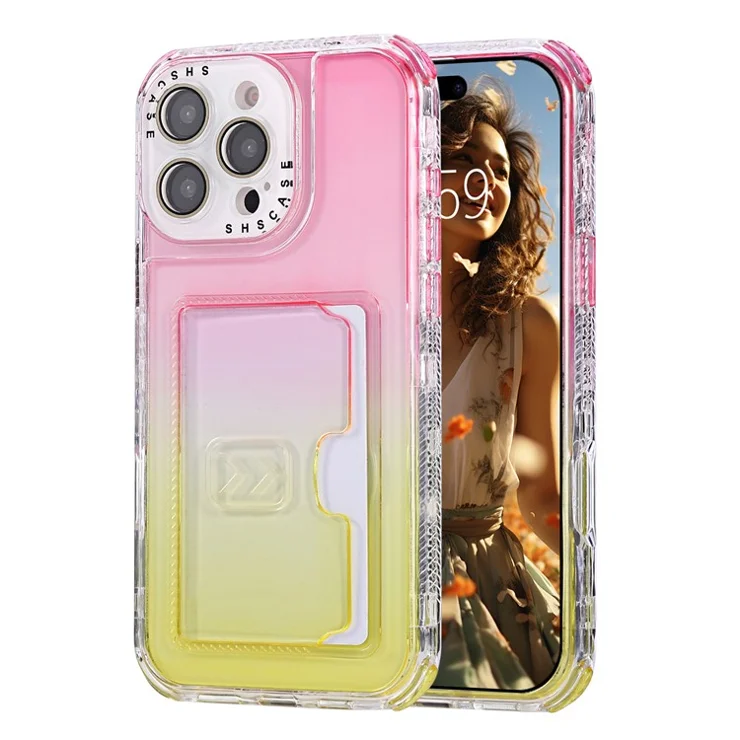 For iPhone 16 Pro Max Case Card Holder Gradient Color PC + TPU Anti Drop Phone Back Cover with Lens Film - Pink / Yellow