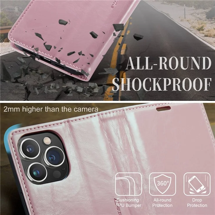 CASEME 003 Series Anti-drop Phone Case For iPhone 14 Pro, Retro Waxy Texture Magnetic Closure Flip Leather Phone Cover Stand Wallet - Pink