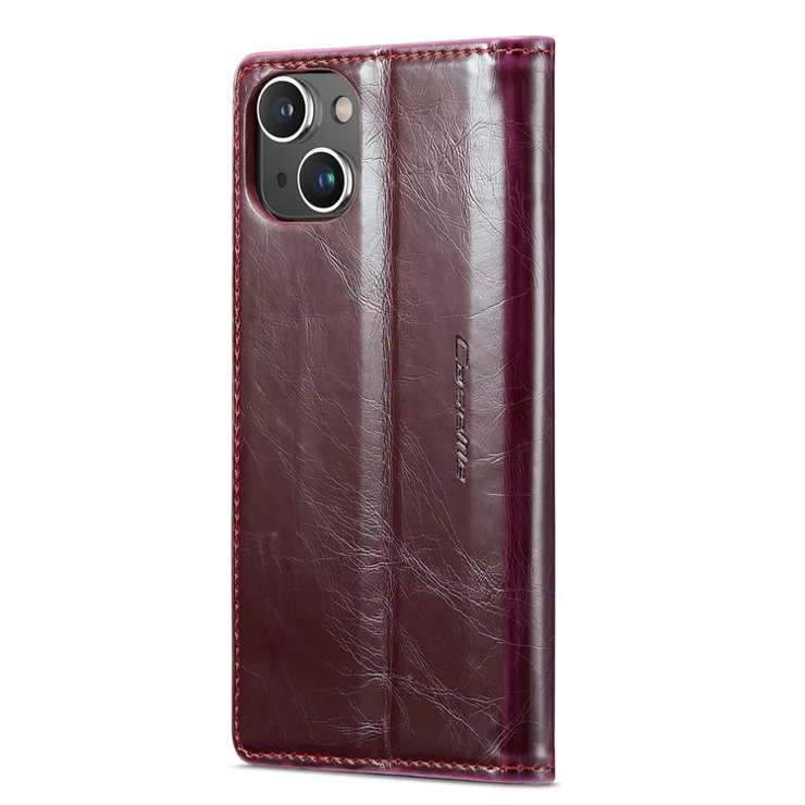CASEME 003 Series For iPhone 14 Plus Full Protection Phone Case Retro Waxy Texture PU Leather Magnetic Closure Phone Cover Stand Wallet - Red