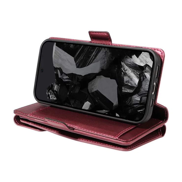 For Google Pixel 9 Pro / Pixel 9 Case with Multi-Card Holder and Strap PU Leather Phone Cover Stand - Wine Red