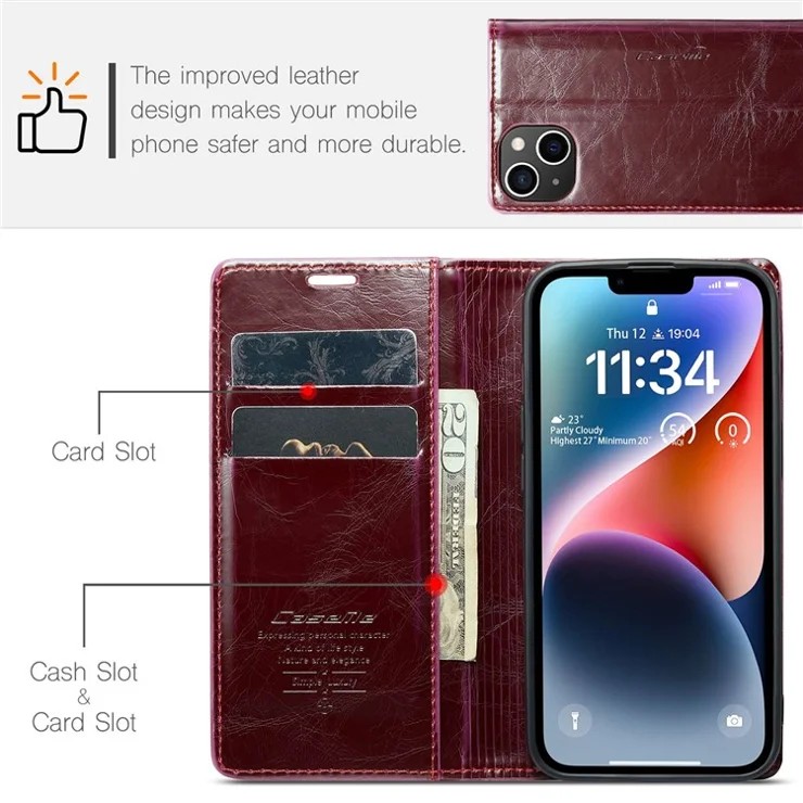 CASEME 003 Series For iPhone 14 Anti-fall Cell Phone Cover Retro Waxy Texture PU Leather Magnetic Closure Phone Wallet Case Stand - Red