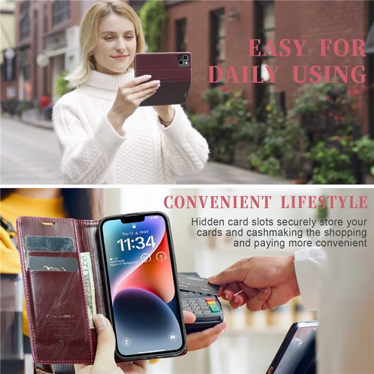 CASEME 003 Series For iPhone 14 Anti-fall Cell Phone Cover Retro Waxy Texture PU Leather Magnetic Closure Phone Wallet Case Stand - Red