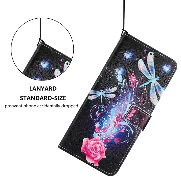 YX-2501 For iPhone 16 Plus Stand Case Pattern Printing PU Leather Wallet Phone Cover with Lanyard - Dragonfly