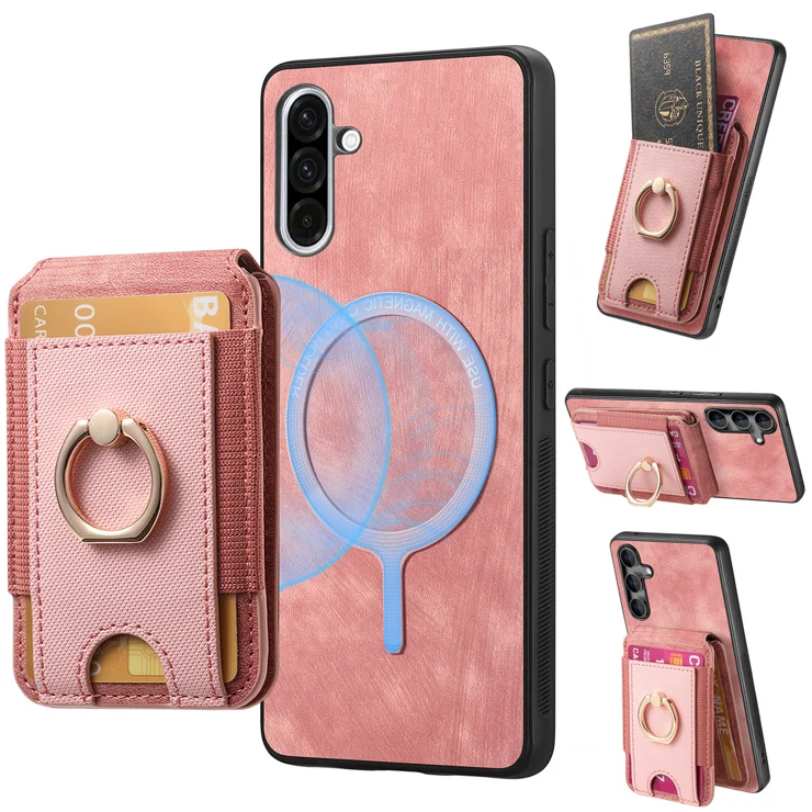 For Samsung Galaxy A36 5G Case Compatible with MagSafe Leather Back Cover with Detachable Card Holder Kickstand - Pink