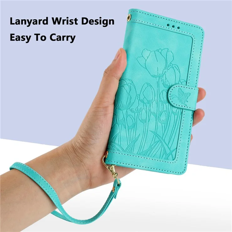 For Samsung Galaxy A25e Case Tulip Leather Phone Cover with 5 Card Slots Wallet - Green