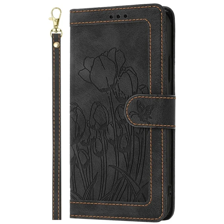For Samsung Galaxy A25e Case Tulip Leather Phone Cover with 5 Card Slots Wallet - Black