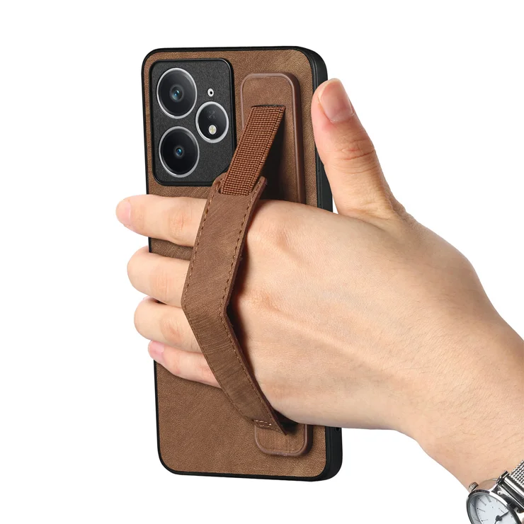 For Realme Neo7 5G Case with Wristband Kickstand Leather + TPU Phone Cover - Brown