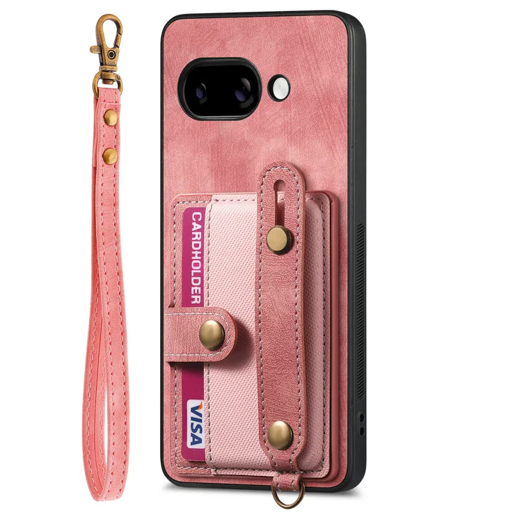 For Google Pixel 9a Retro PU Leather Back Cover with Card Holder and Wristband Kickstand - Pink