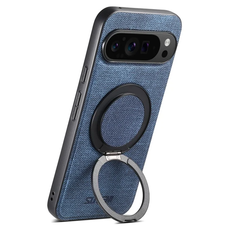SUTENI G3 For Google Pixel 9 Pro XL Magnetic Case Rotating Ring Kickstand Jeans Texture PU TPU Phone Back Cover - Blue