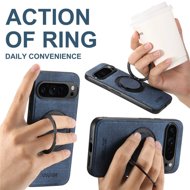 SUTENI G3 For Google Pixel 9 Pro XL Magnetic Case Rotating Ring Kickstand Jeans Texture PU TPU Phone Back Cover - Blue