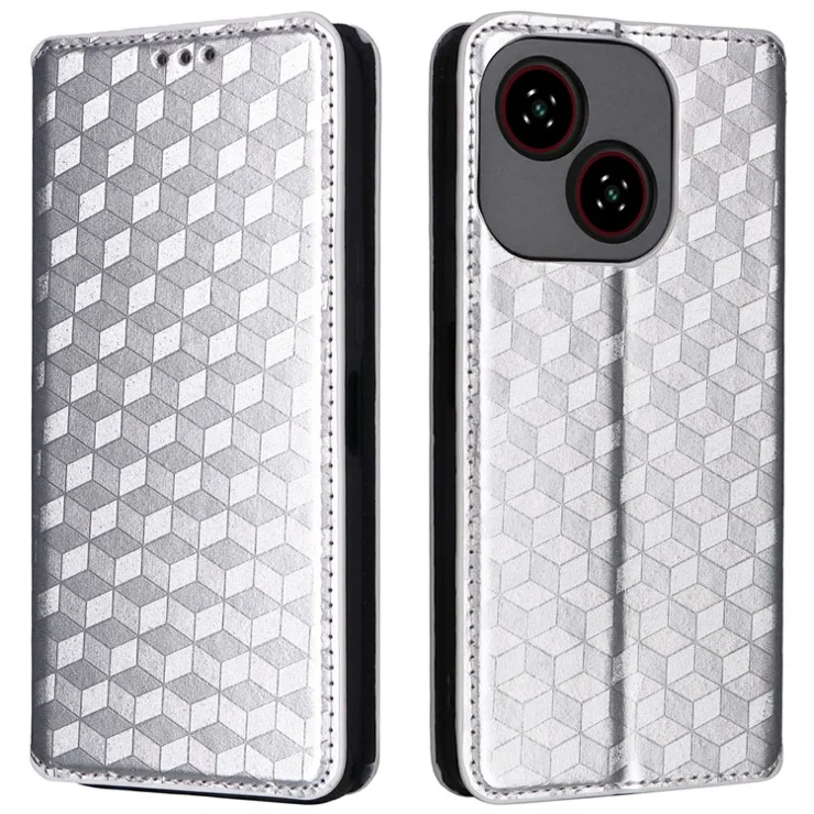 For ZTE Blade A35e (Z2466) Case Wallet Rhombus Imprinted Leather Phone Cover - Silver