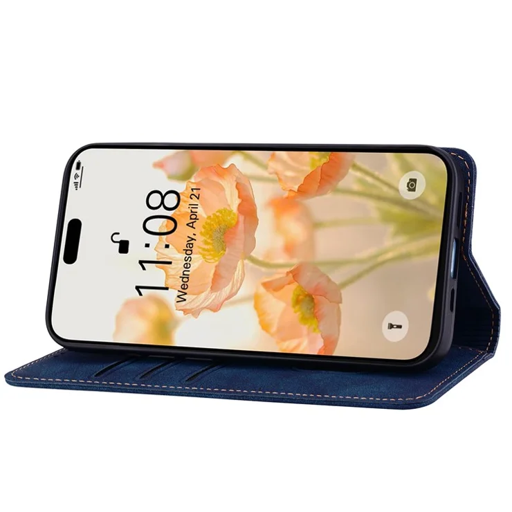 For iPhone 16 Plus Case Lines Pattern Wallet Leather Phone Cover with Strap - Blue
