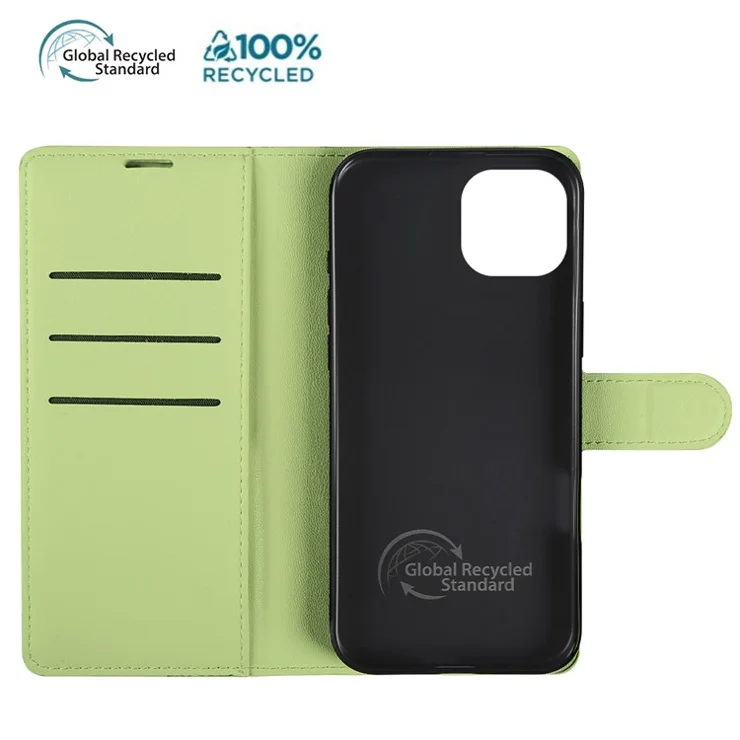 For iPhone 14 Stand Case Biobased Eco-Friendly RPET RPVB Slim Phone Cover with Wallet - Light Green
