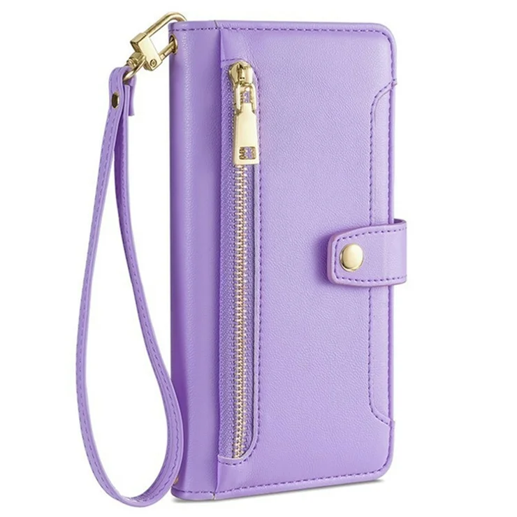 For TECNO Pova 6 Neo Leather Case Zipper Pocket Wallet Phone Cover with 2 Straps - Purple