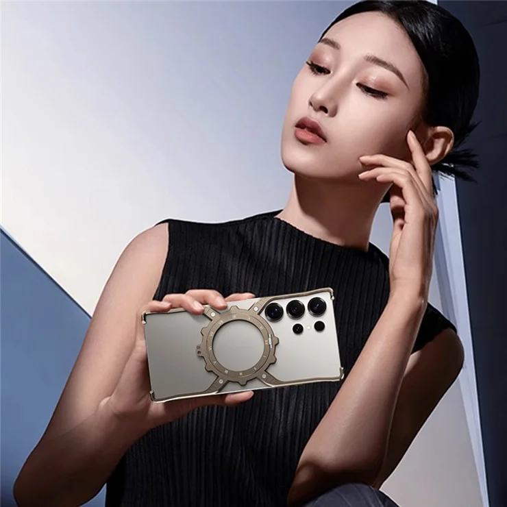 For Samsung Galaxy S22 Ultra 5G Case Luminous Magnetic Kickstand Aluminum Alloy + PC Bumper Phone Cover Heat Dissipation - Silver