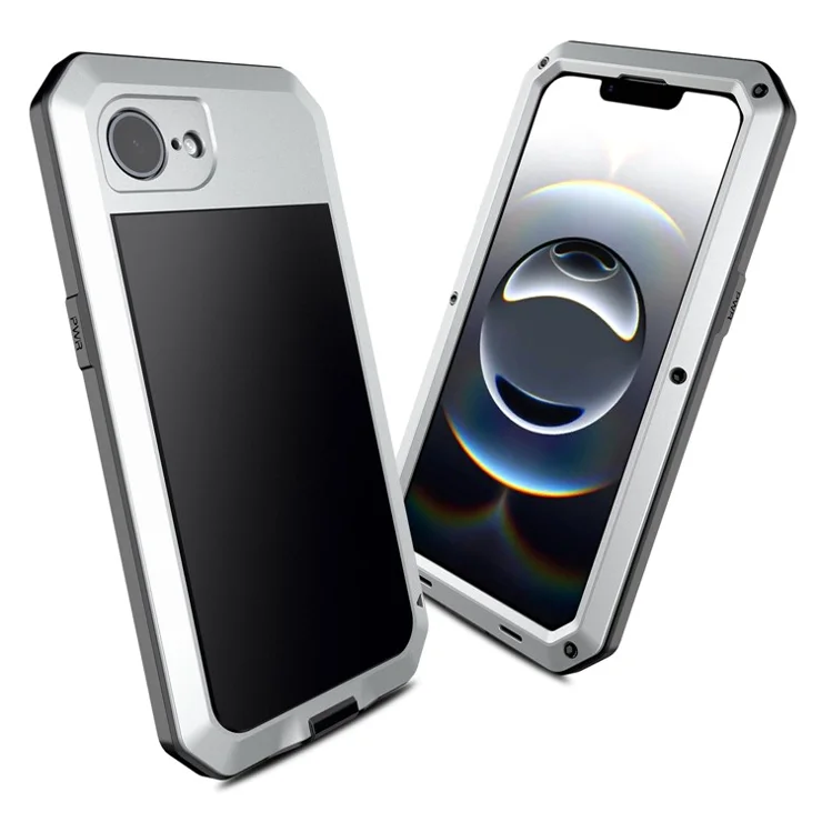 For iPhone 16e Case Silicone + Metal Anti-Drop Phone Cover with Tempered Glass Film - Silver