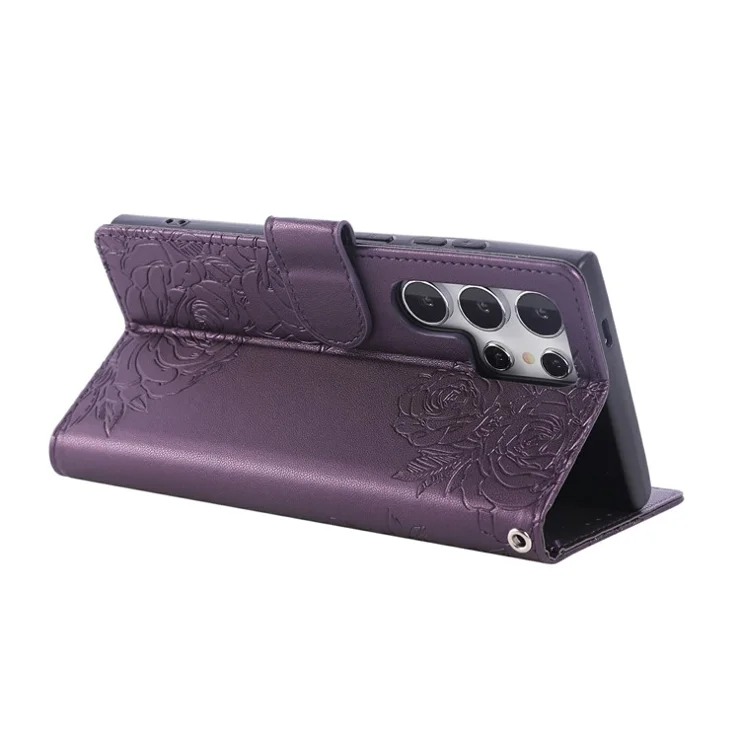 For Samsung Galaxy S24 Ultra Case Rose Flower PU Leather Wallet Phone Cover with 3 Card Slots - Dark Purple
