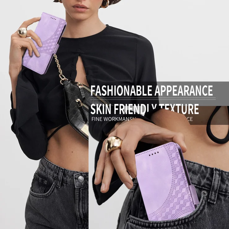 For vivo V50 Lite 5G / vivo V50 Lite 4G Leather Cases Wallet Rhombus Imprinted Phone Cover Stand with Strap - Purple