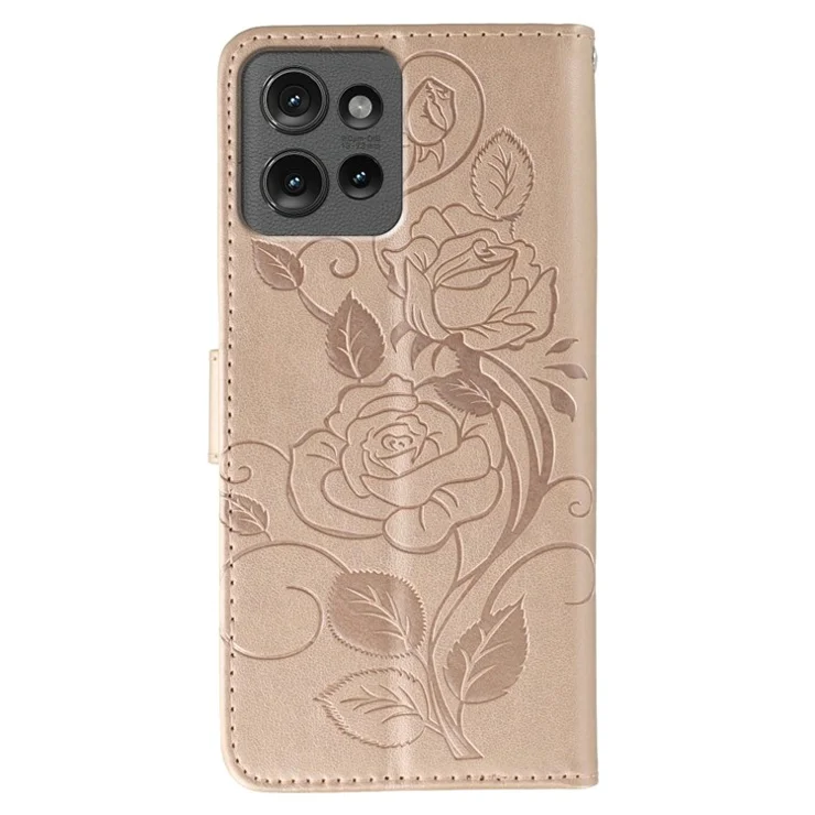For Motorola Edge 50 5G Case Wallet Stand Imprinted Rose Butterfly PU Leather Phone Cover - Rose Gold