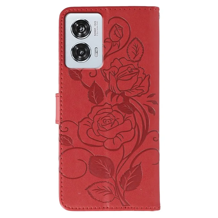 For Motorola Edge 50 Fusion 5G Case Wallet Stand Imprinted Rose Butterfly PU Leather Phone Cover - Red