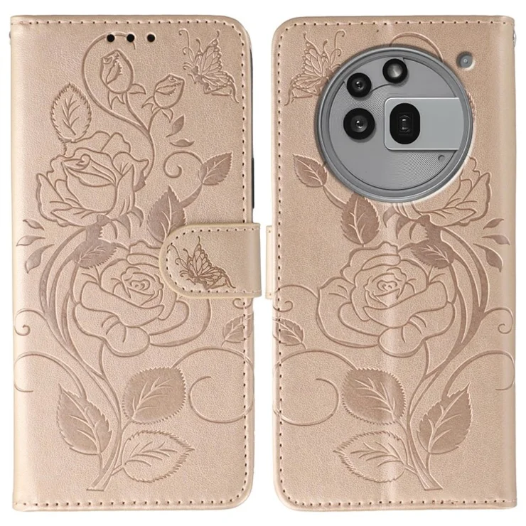 For Nothing Phone (3a) Pro Case Wallet Stand Imprinted Rose Butterfly PU Leather Phone Cover - Rose Gold