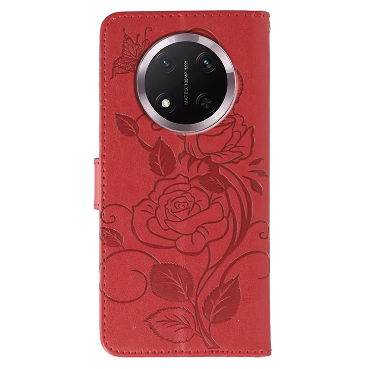Phone Case For Honor Magic7 Lite 5G / X60 Pro 5G / X9c 5G Wallet Stand Imprinted Rose Butterfly PU Leather Cover - Red