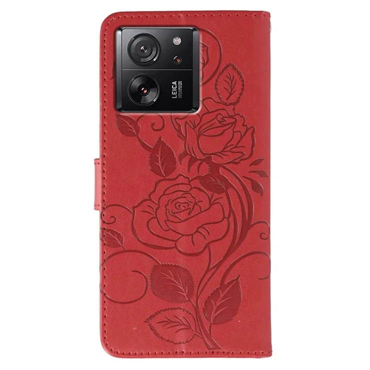 Phone Case For Xiaomi 13T / 13T Pro / Redmi K60 Ultra Wallet Stand Imprinted Rose Butterfly PU Leather Cover - Red