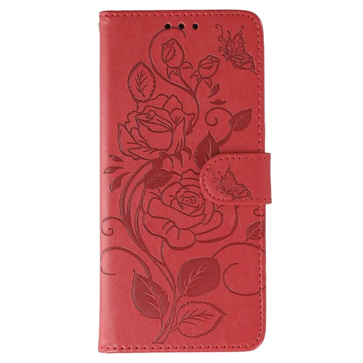 Phone Case For OnePlus Ace 5 5G / Ace 5 Pro 5G / 13R 5G Wallet Stand Imprinted Rose Butterfly PU Leather Cover - Red