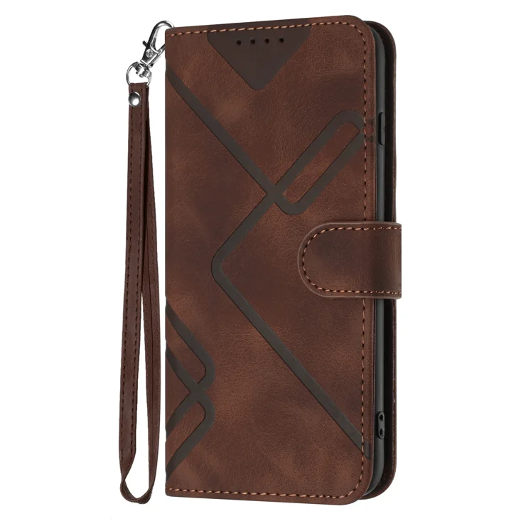 For Motorola Moto G Power (2025) / Motorola Moto G Play (2025) 5G Wallet Case Line Imprinted PU Leather Phone Cover with Strap - Brown