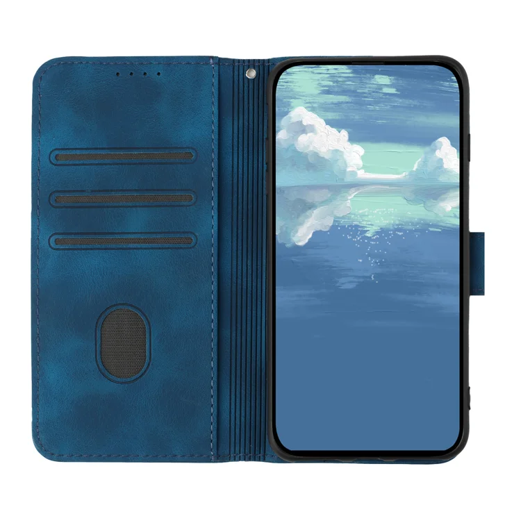 For Motorola Moto G 5G (2025) Wallet Case Line Imprinted PU Leather Phone Cover with Strap - Royal Blue