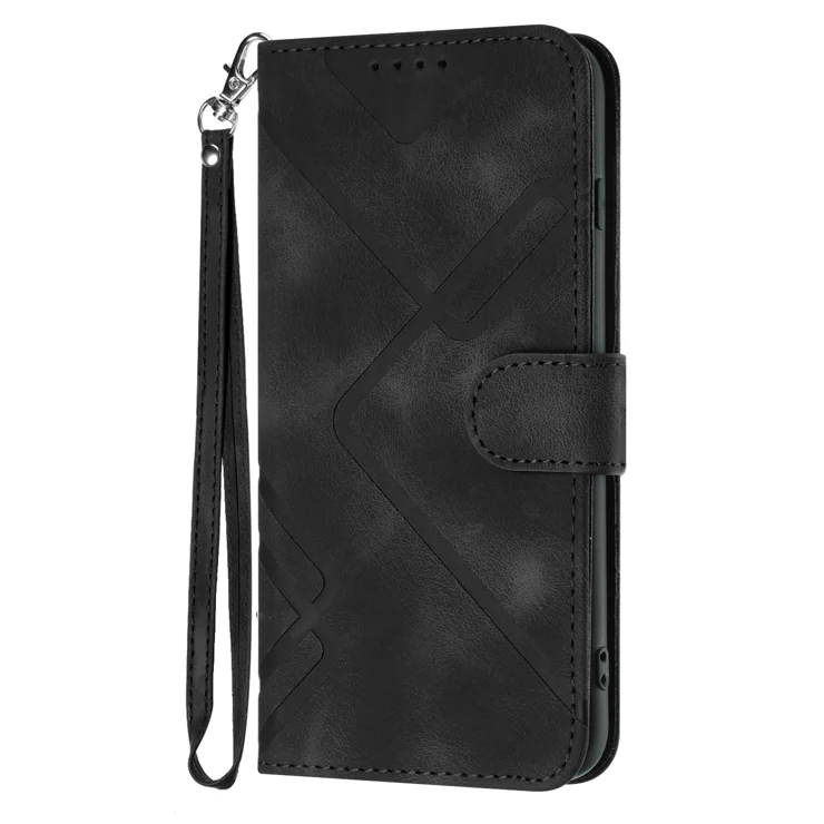 For Samsung Galaxy A54 5G Wallet Case Line Imprinted PU Leather Phone Cover with Strap - Black