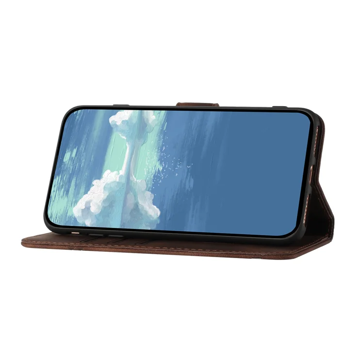 For Samsung Galaxy A34 5G Wallet Case Line Imprinted PU Leather Phone Cover with Strap - Brown