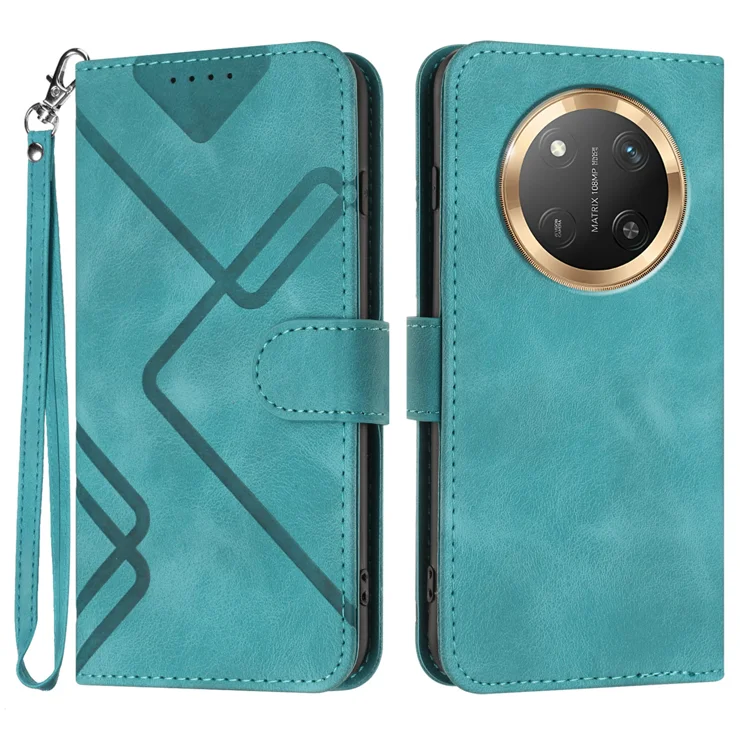 For Honor X60 Pro 5G / Honor Magic7 Lite 5G / Honor X9c 5G Wallet Case Line Imprinted PU Leather Phone Cover with Strap - Light Blue
