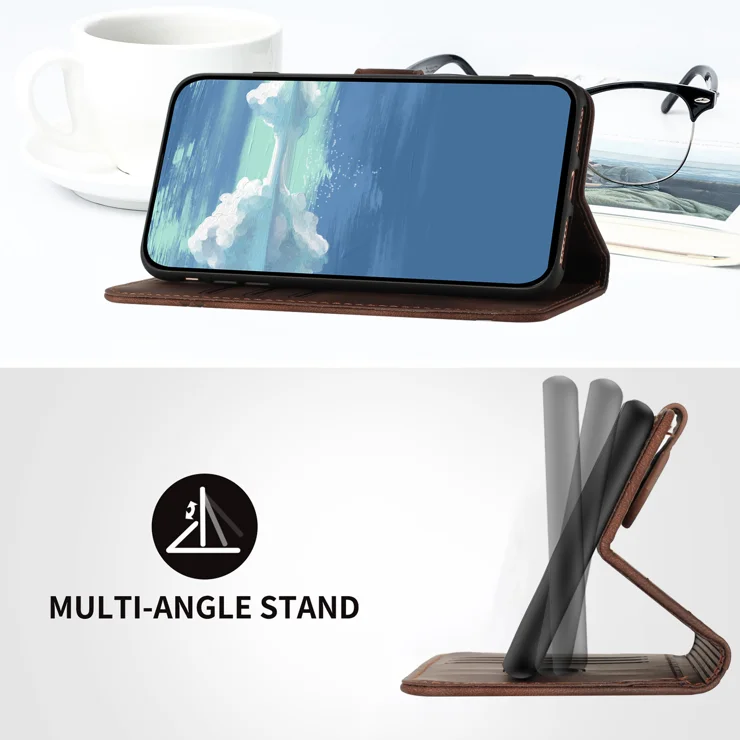 For Samsung Galaxy A06 5G Wallet Case Line Imprinted PU Leather Phone Cover with Strap - Brown