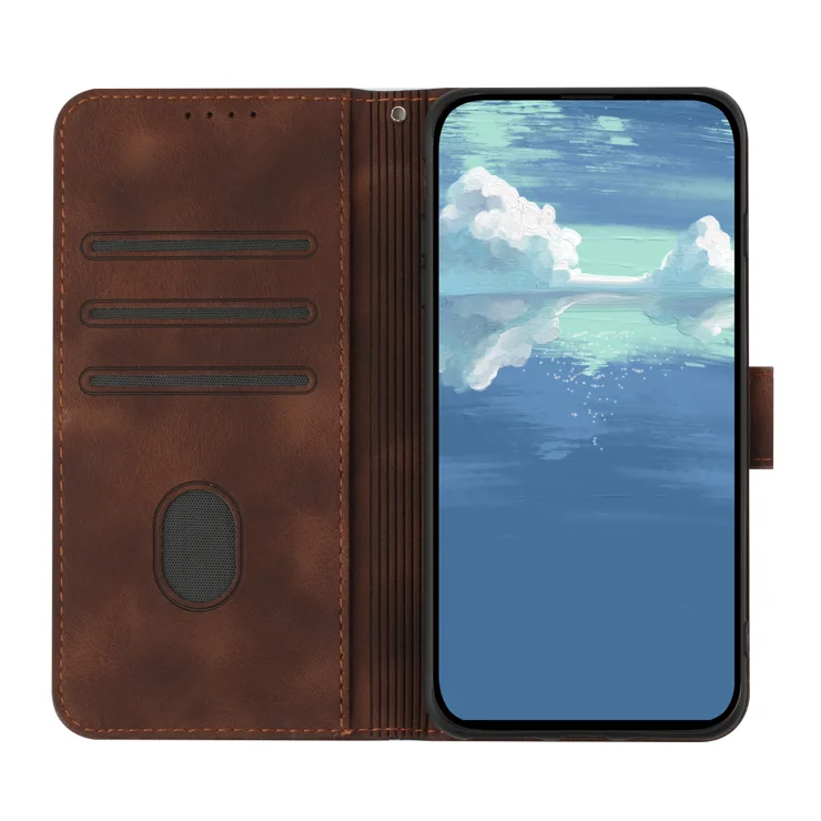 For Honor 200 Lite Wallet Case Line Imprinted PU Leather Phone Cover with Strap - Brown
