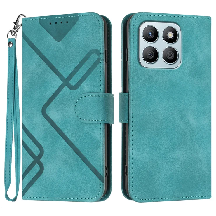 For Honor X8b 4G / Honor X8c 4G Wallet Case Line Imprinted PU Leather Phone Cover with Strap - Light Blue
