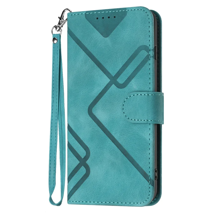 For iPhone 16 Pro Max Wallet Case Line Imprinted PU Leather Phone Cover with Strap - Light Blue