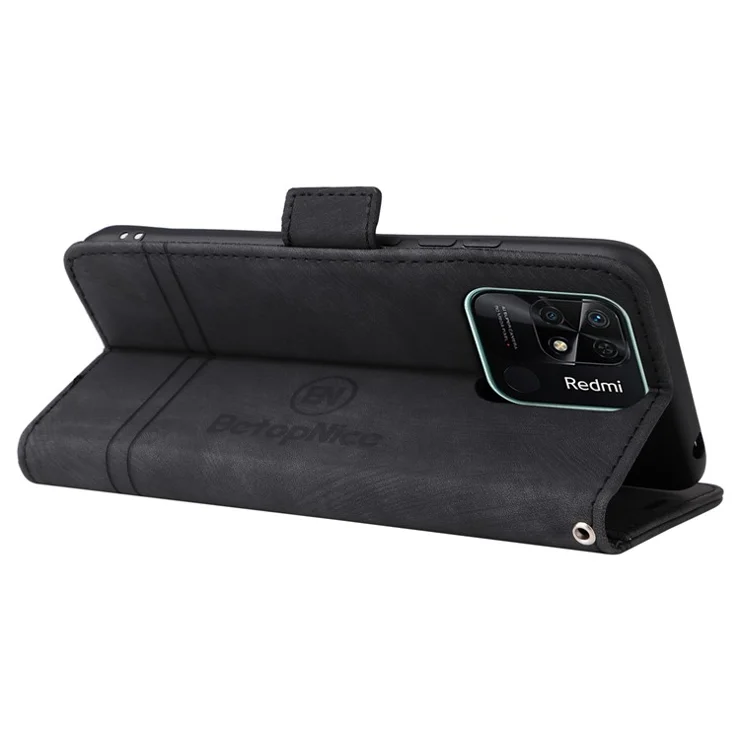 BETOPNICE 001 For Xiaomi Redmi 10C 4G / Redmi 10 (India) 4G Foldable Stand PU Leather Shockproof Case Imprinted Stitching Line Phone Wallet Cover with Strap - Black