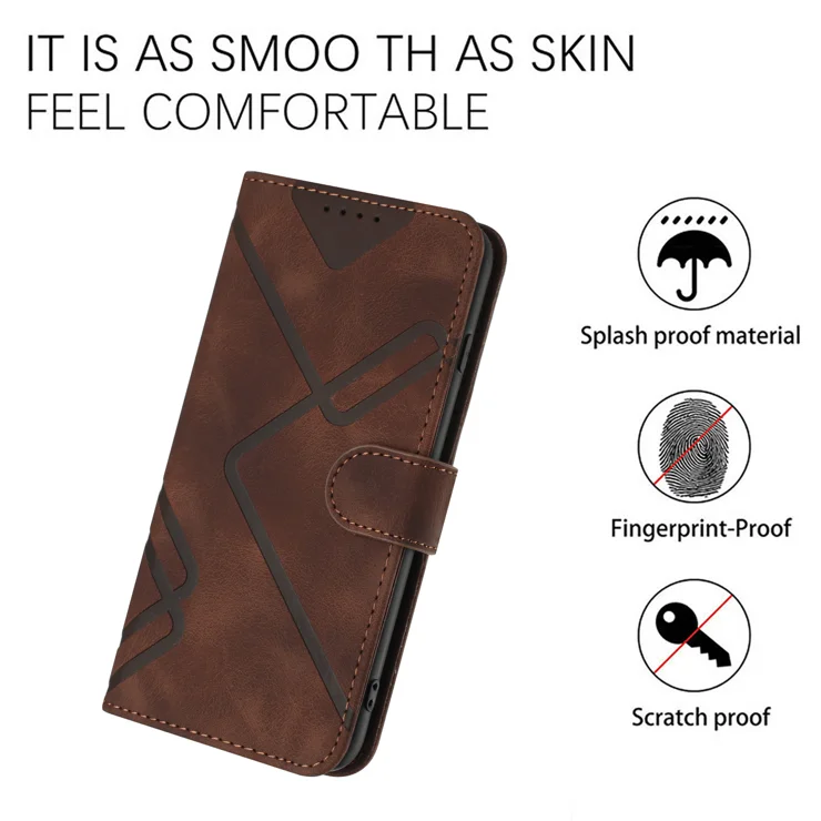 For Xiaomi Poco C75 4G / Xiaomi Redmi A3 Pro 4G / Xiaomi Redmi 14R 5G / Xiaomi Redmi 14C 4G Wallet Case Line Imprinted PU Leather Phone Cover with Strap - Brown