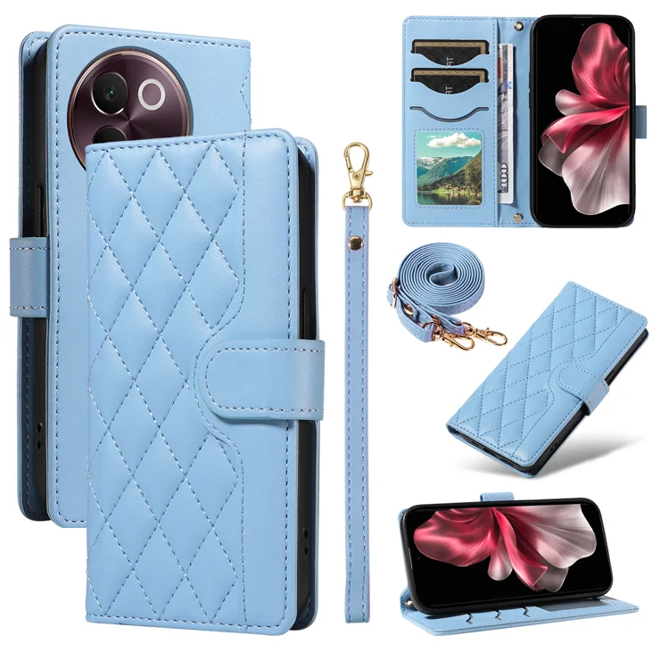 For vivo V40 Lite 5G / vivo V30e 5G Wallet Case Rhombus Leather Phone Cover with Strap - Blue