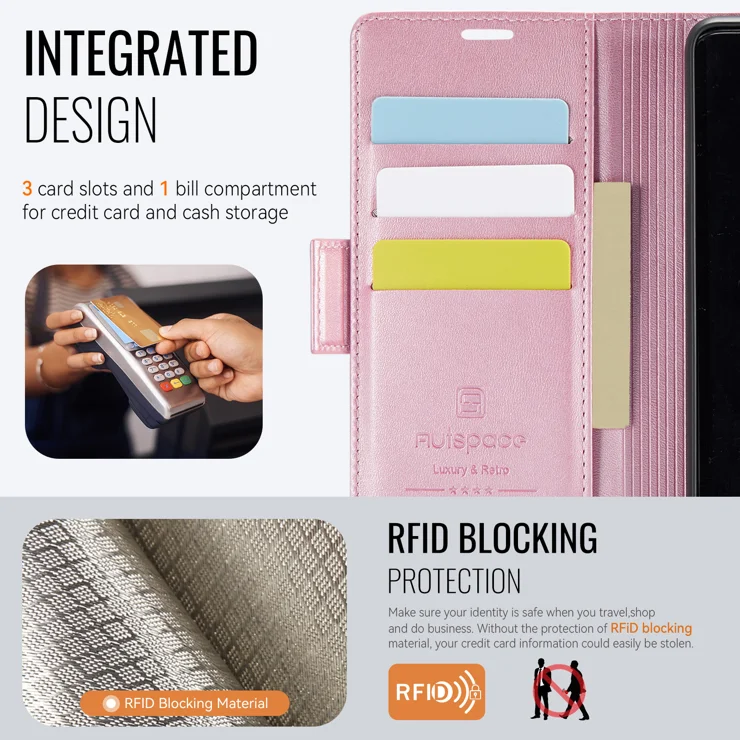 For Xiaomi Poco X6 5G / Xiaomi Redmi Note 13 Pro 5G Case AUTSPACE A11 RFID Blocking Retro Leather Cell Phone Wallet Cover - Pink