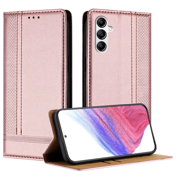 For Samsung Galaxy A14 5G Case L-Shaped Grid Pattern Leather Stand Phone Cover with Card Slots - Rose Gold