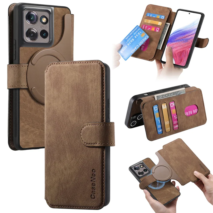 For Motorola Edge 50 5G Magnetic Case CASENEO Detachable Leather Phone Wallet Cover - Brown